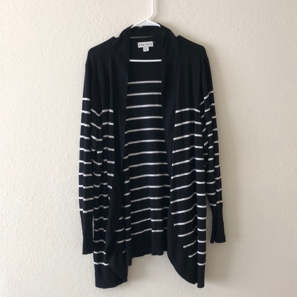 Plus Size Open Front Sweater Black White Stripes